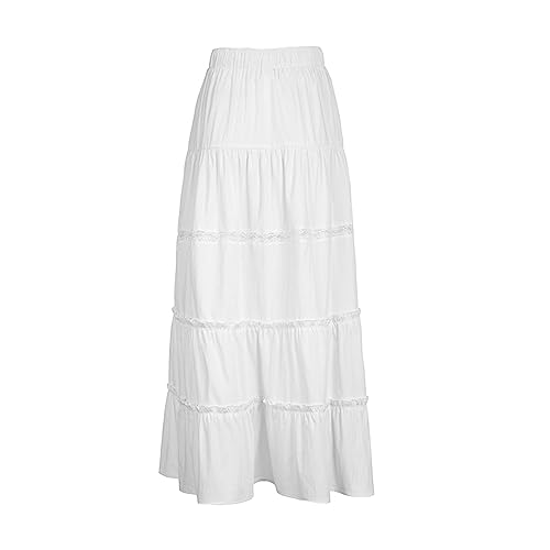 Tiered Long Skirts Fall Drawstring Elastic Waist Solid Color Ruched Midi Skirts Side Split Long Skirts (White, L)