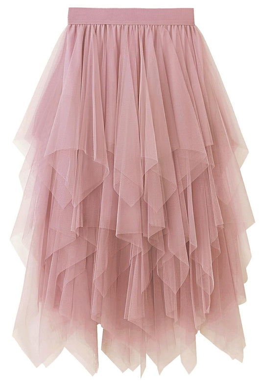 Tulle Skirts for Women Midi Long Fairy Skirt Tutu A-Line Mesh Layered High Elastic Waist Halloween Skirts Pink One Size
