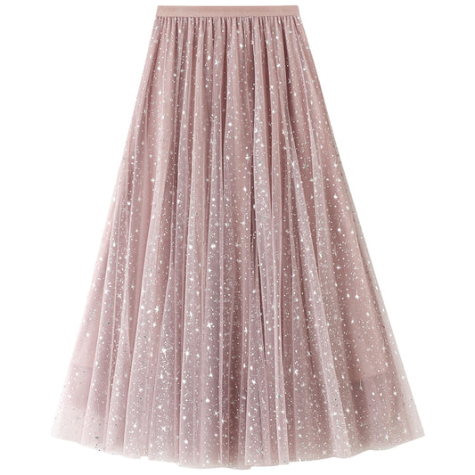 Tulle Skirt for Women A Line Midi Pink Tulle Skirt Elastic High Waist Double Layered Mesh Solid Color Night Out Skirts